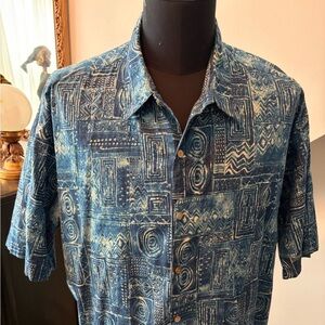 Tori Richard Honolulu 3XL Hawaiian Shirt Blue Geometric Print Made in USA